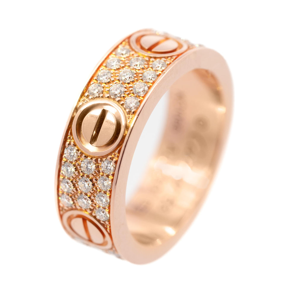 Cartier Pave Diamond Love Ring 18k Rose Gold Size 53