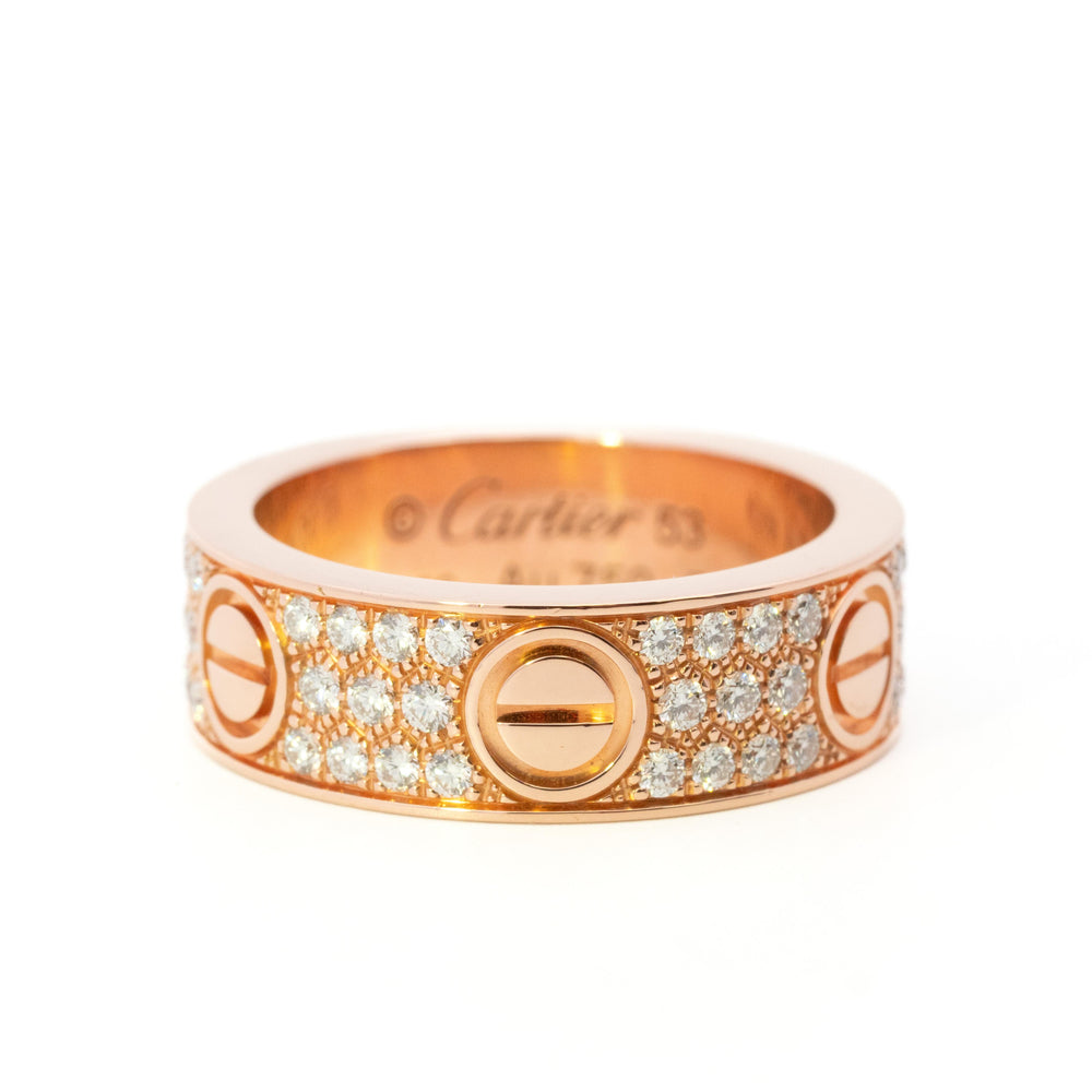 Cartier Pave Diamond Love Ring 18k Rose Gold Size 53