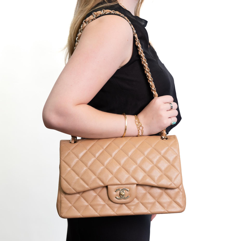 CHANEL Beige Classic Jumbo Double Flap Bag with Gold Hardware