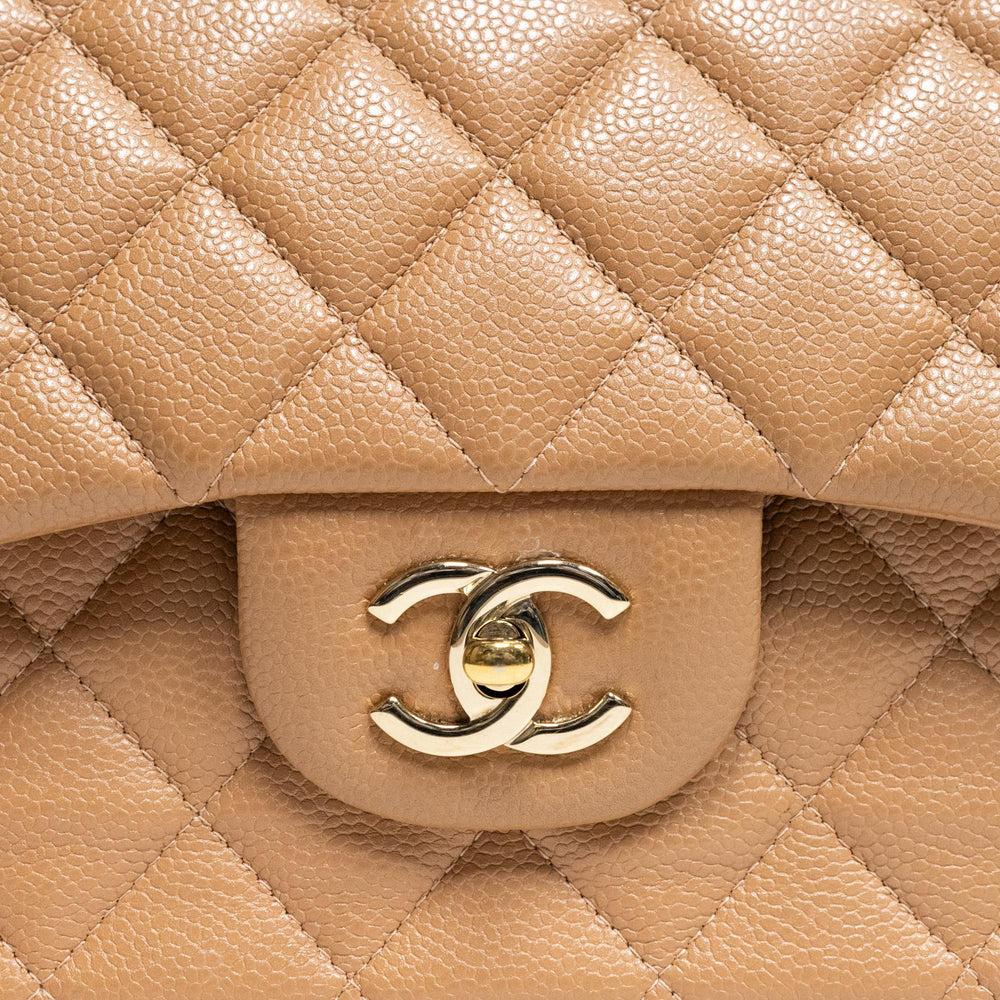 CHANEL Beige Classic Jumbo Double Flap Bag with Gold Hardware