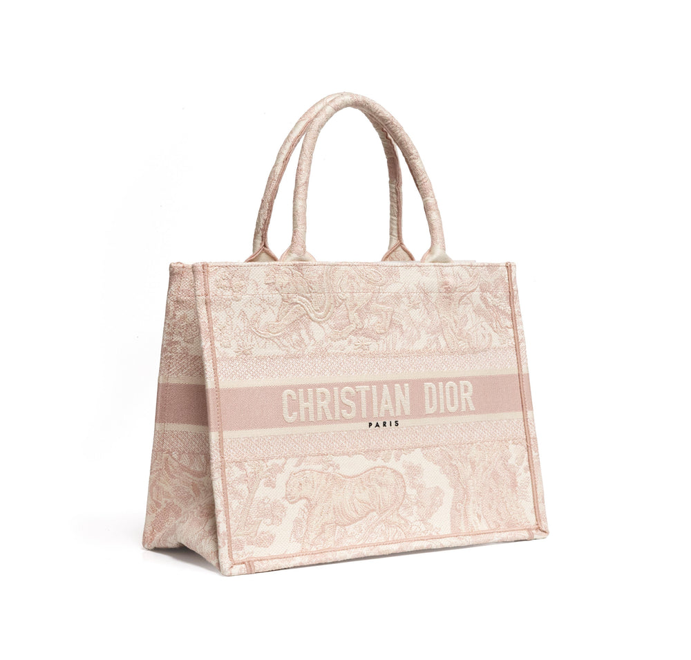 Christian Dior Ecru & Pink Toile de Jouy Embroidery Medium Book tote