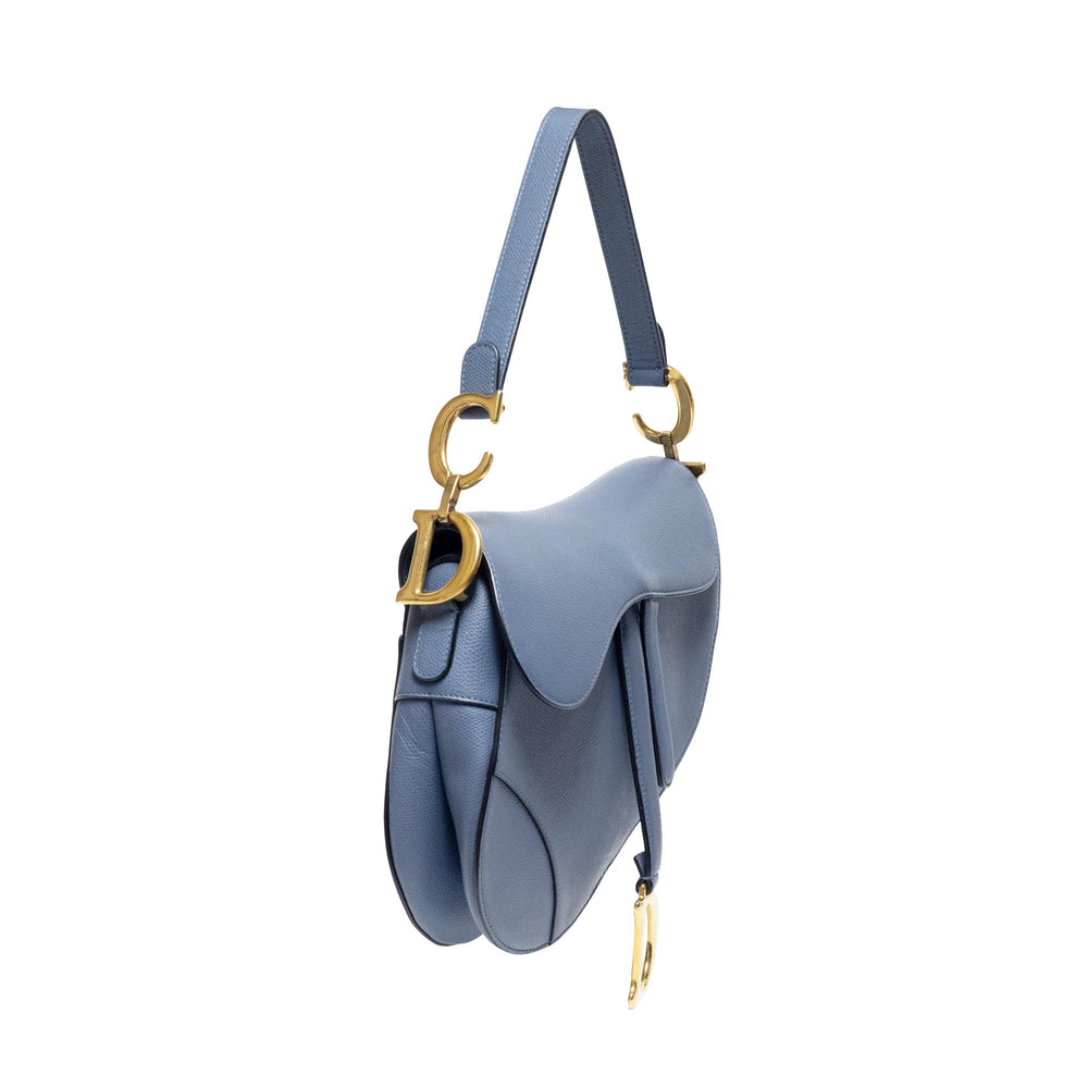 Christian Dior Blue Grey Grained Calfskin Saddle Bag