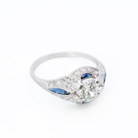 1ct Round Diamond Plat Vintage Halo Ring with Sapphire & Diamond accent