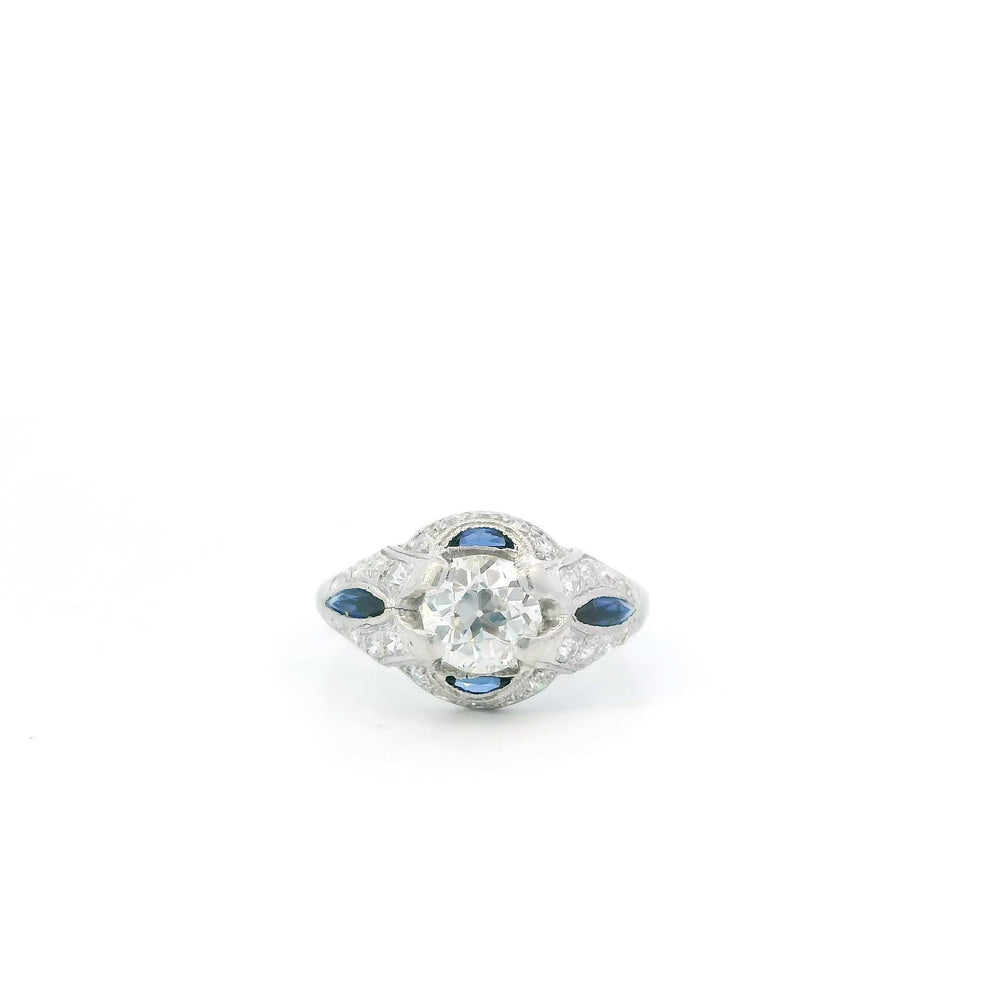 1ct Round Diamond Plat Vintage Halo Ring with Sapphire & Diamond accent