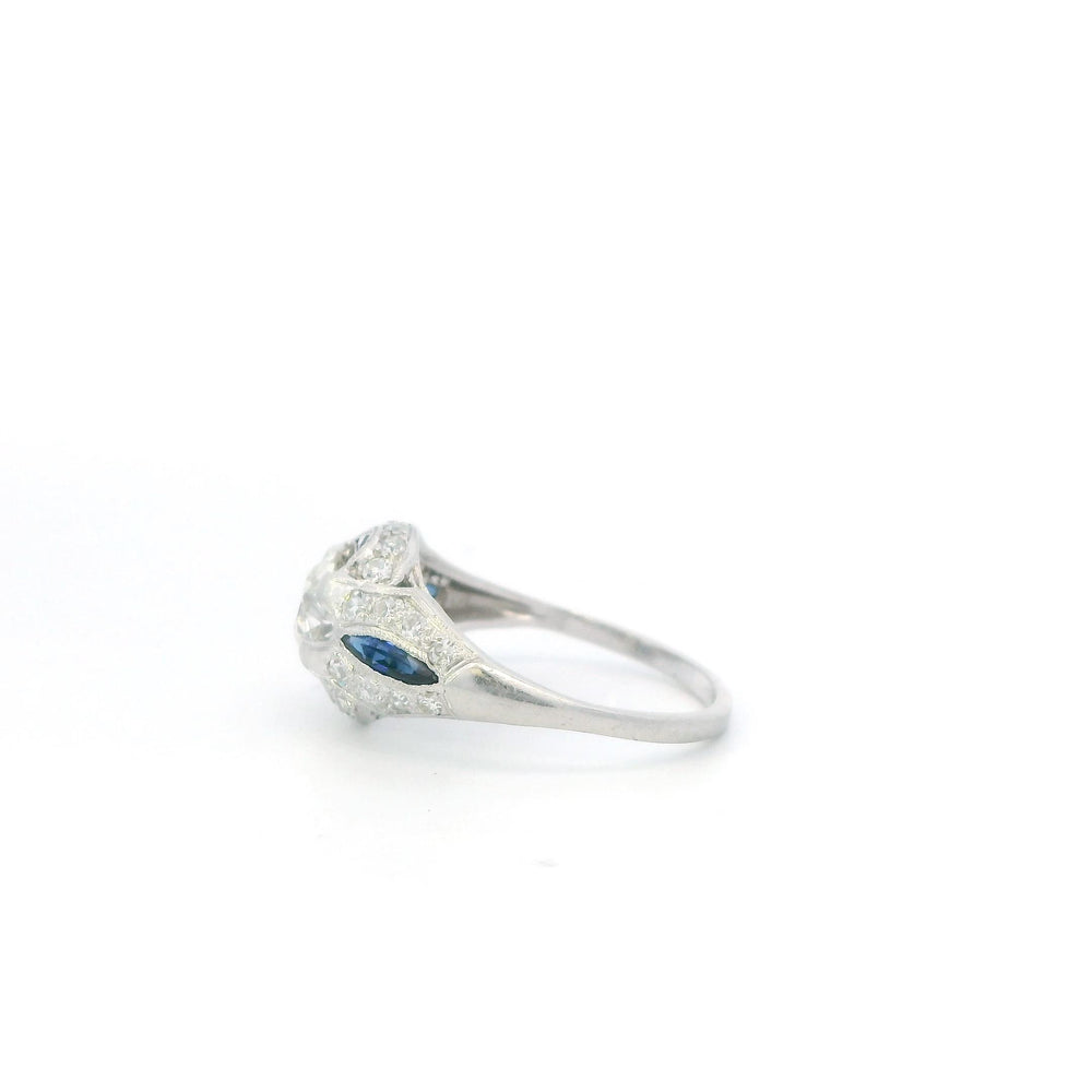 1ct Round Diamond Plat Vintage Halo Ring with Sapphire & Diamond accent