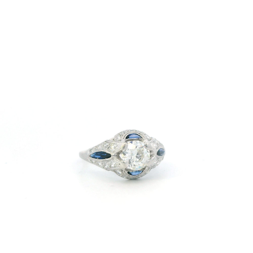 1ct Round Diamond Plat Vintage Halo Ring with Sapphire & Diamond accent