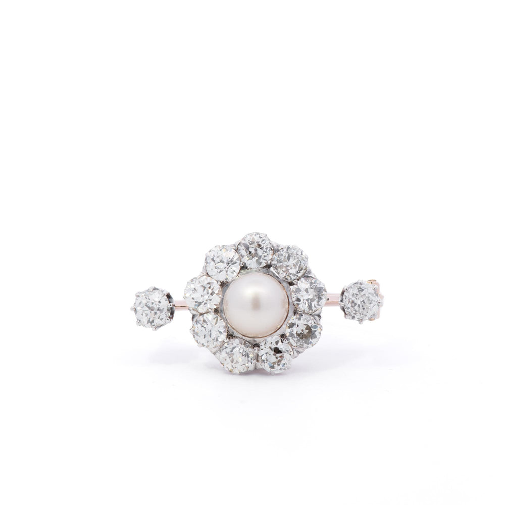 Diamond Brooch Gold on Silver With Pearl Center Stone