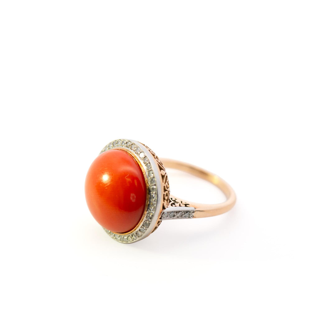 18k Yellow Gold Set Coral & Diamond Earrings and Ring