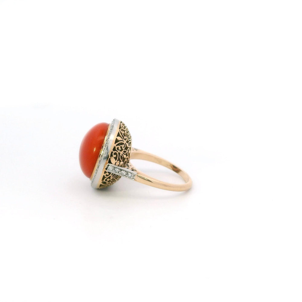 18k Yellow Gold Set Coral & Diamond Earrings and Ring