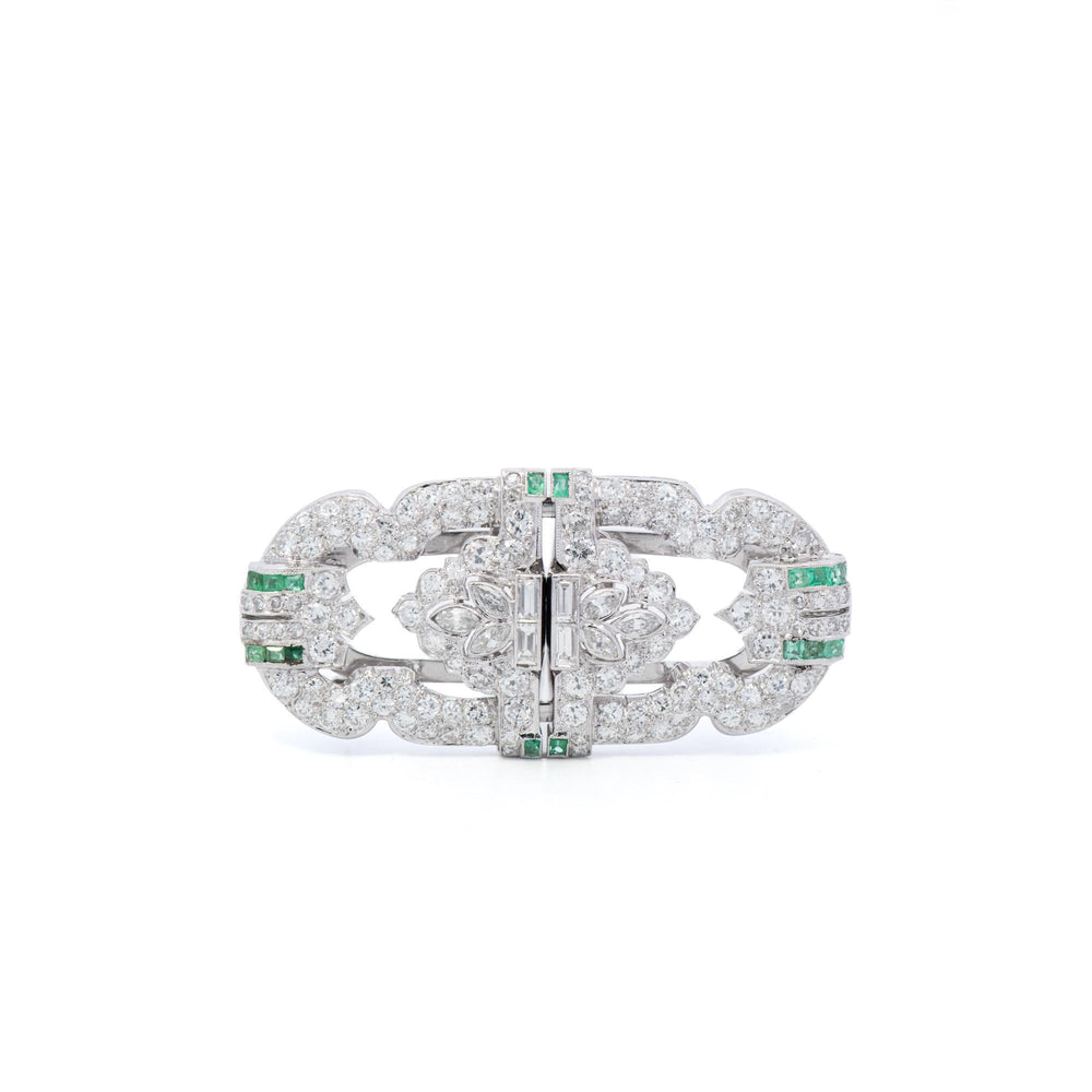 Platinum Vintage Art Deco Style Double Clip Diamond and Emerald Brooch