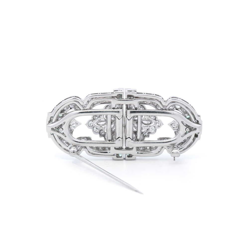 Platinum Vintage Art Deco Style Double Clip Diamond and Emerald Brooch