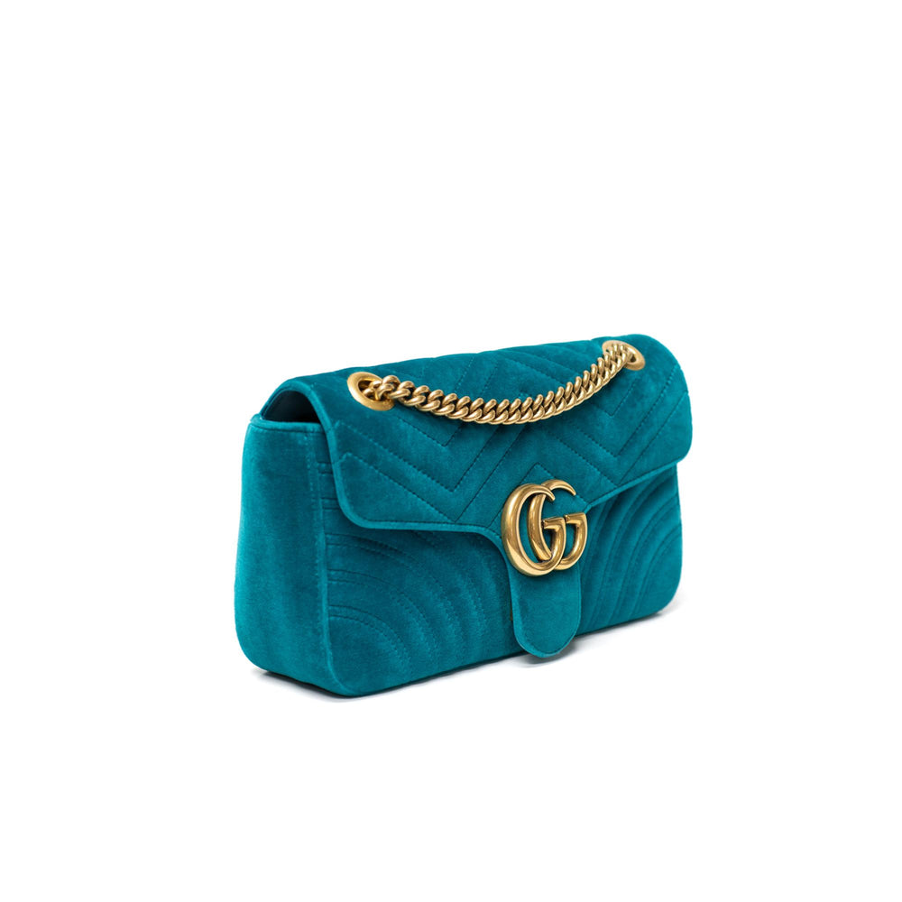 Gucci Teal Velvet Marmont Small Should Bag with GHW