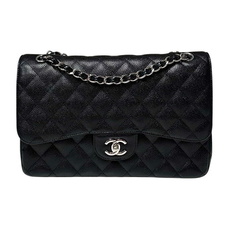 Chanel Black Caviar Jumbo Classic Double Flap Bag with Silver Hardware