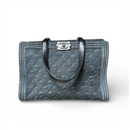 Chanel Blue Denim Tote Bag with Black Leather Handles