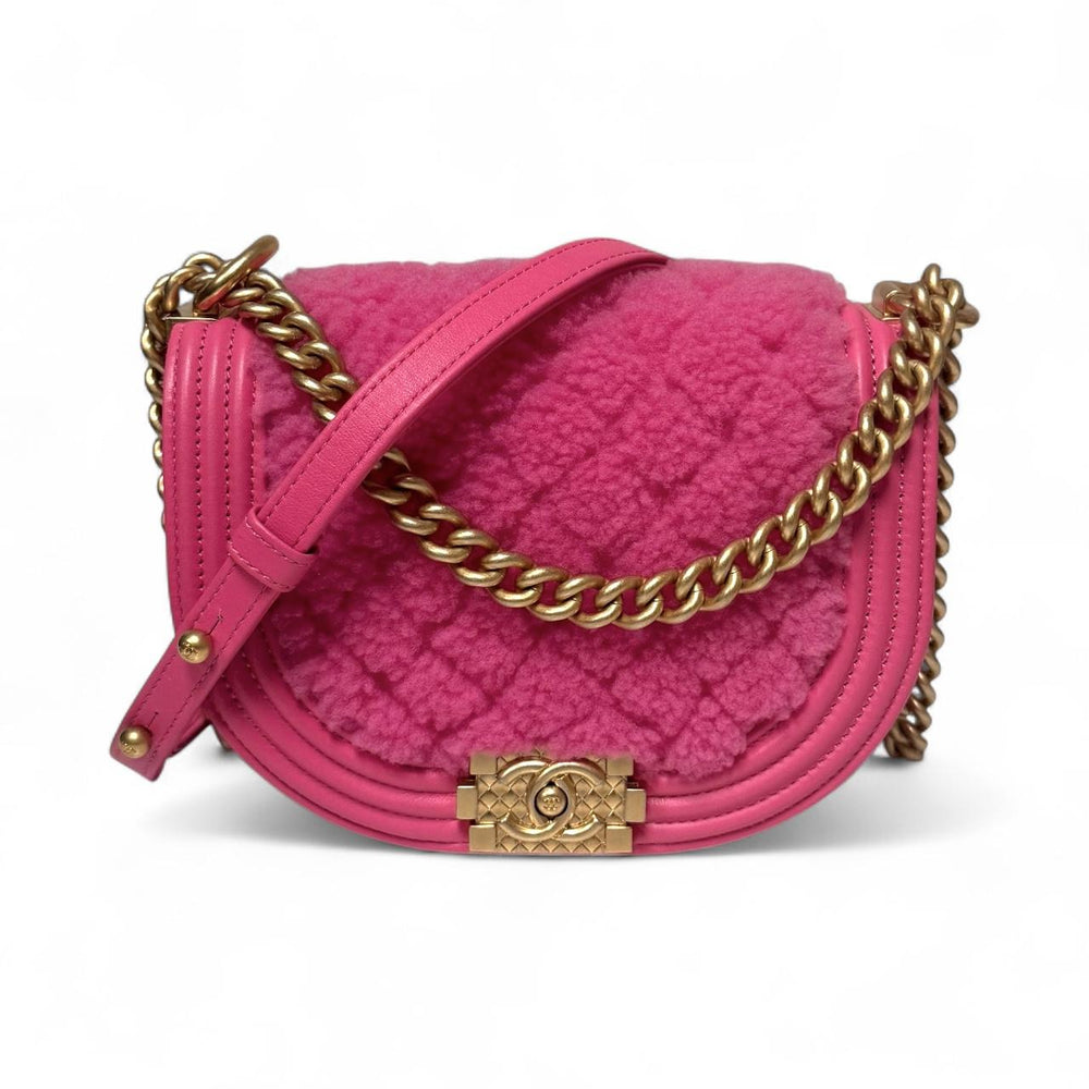 Chanel Fuchsia Pink Shearling Small Messenger Round Boy Bag with Gold Hardware
