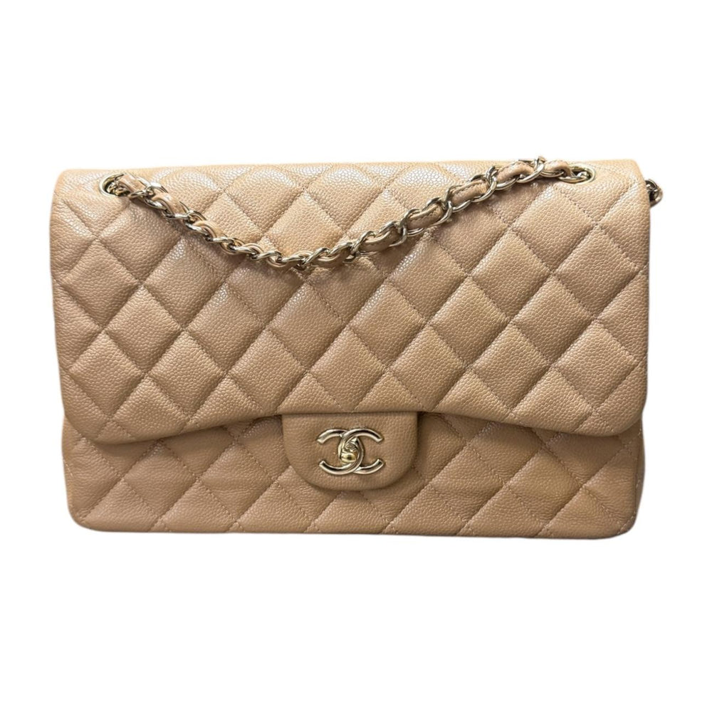 CHANEL Beige Classic Jumbo Double Flap Bag with Gold Hardware