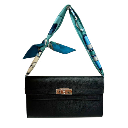 Hermes Black Kelly To Go Leather Clutch with Twilly Strap