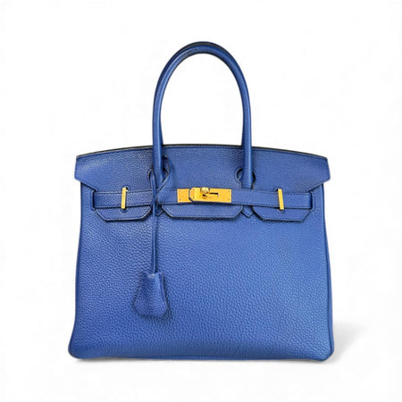 HERMÈS Birkin 30 Blue Leather Handbag with Gold Hardware
