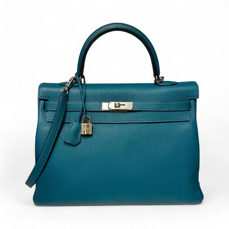 Hermes Kelly 35 Blue Leather Top Handle Bag with Palladium Hardware