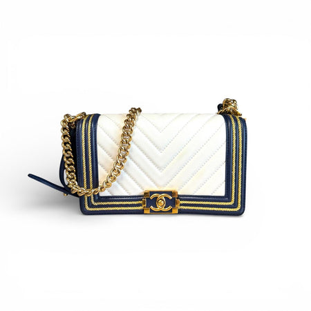Chanel By the Sea White Chevron Navy Blue Braided Gold Medium Boy Flap Bag