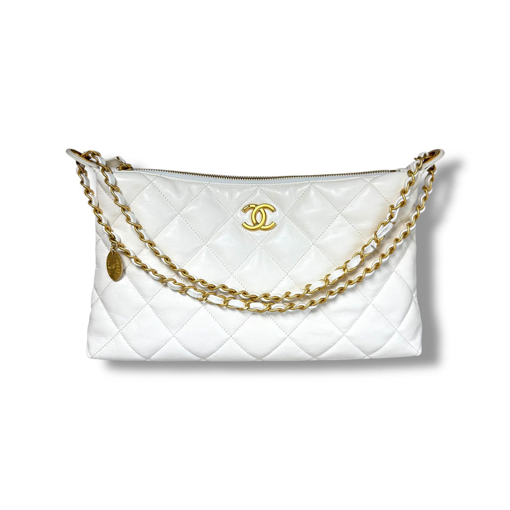 Chanel White Lambskin Quilted CC Hobo Bag