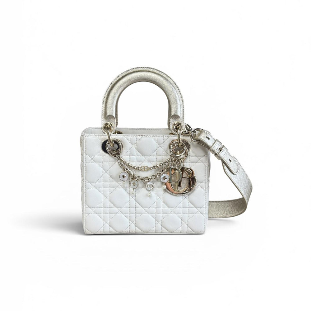 Christian Dior White/Gold Cannage Lady Dior Small with Dior D-Luck Bag Charm