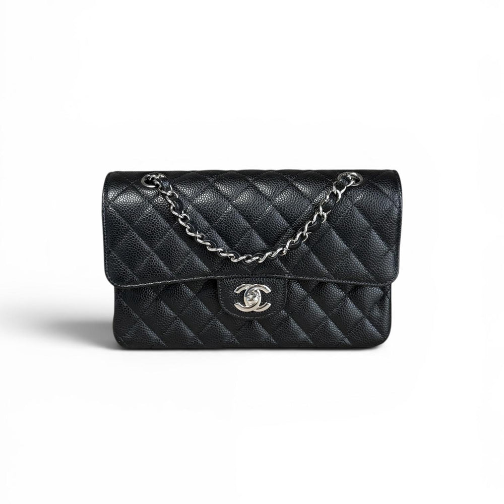 Chanel Black Caviar Small Classic Double Flap Bag with Silver Hardware