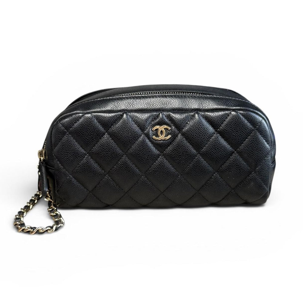 Chanel Black Caviar Double Zip Toiletry Case with Chain