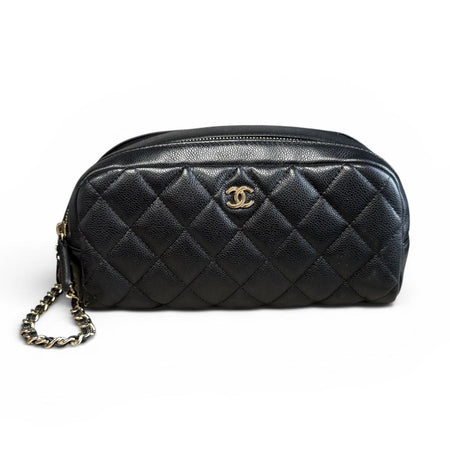 Chanel Black Caviar Double Zip Toiletry Case with Chain