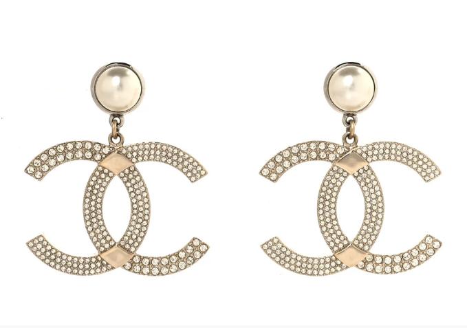Chanel Crystal Pearl CC Drop Earrings