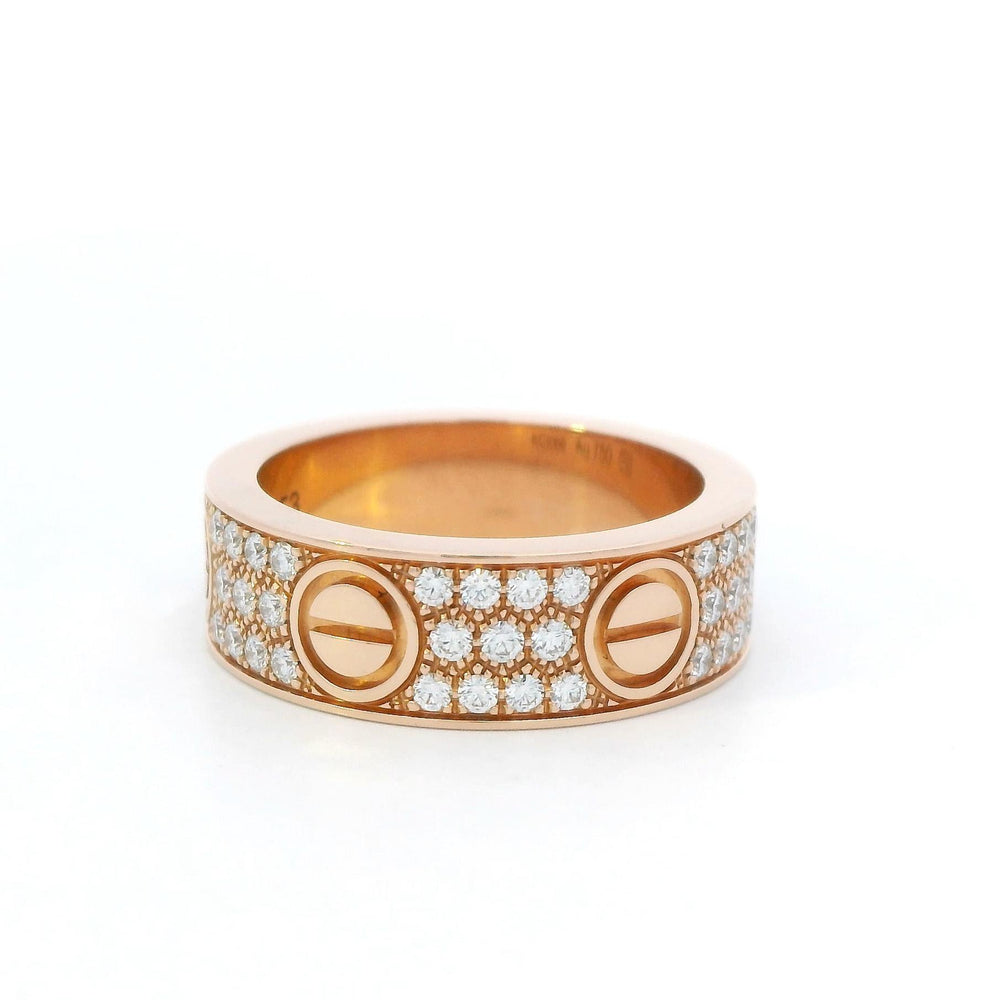 Cartier Pave Diamond Love Ring 18k Rose Gold Size 53