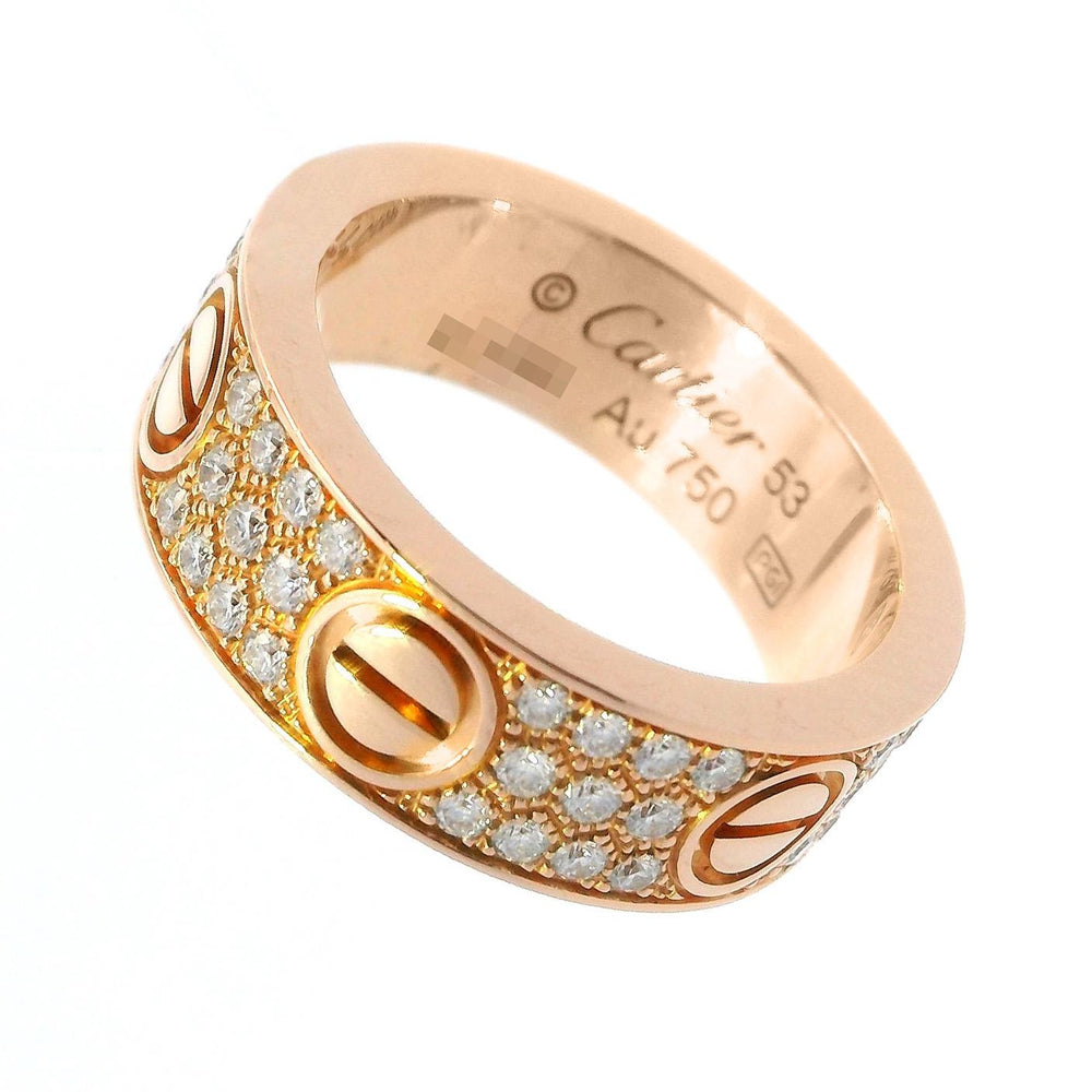 Cartier Pave Diamond Love Ring 18k Rose Gold Size 53
