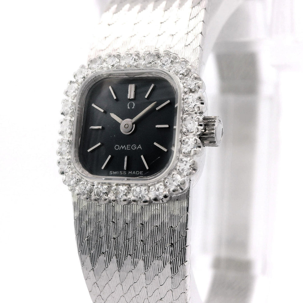 Omega Lady Dress 18k White Gold Diamond Bezel