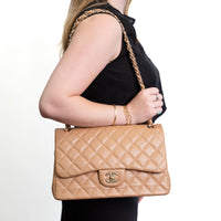 CHANEL Beige Classic Jumbo Double Flap Bag with Gold Hardware