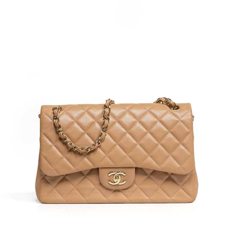 CHANEL Beige Classic Jumbo Double Flap Bag with Gold Hardware