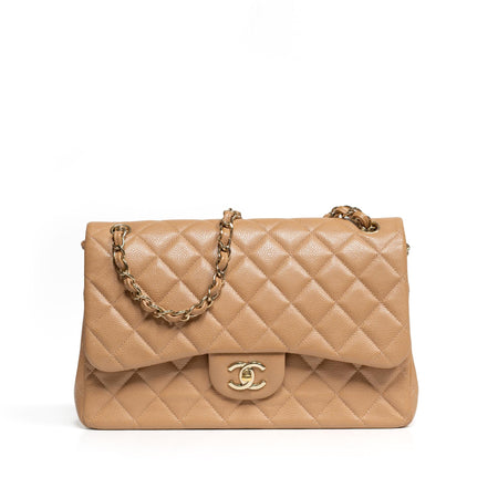 CHANEL Beige Classic Jumbo Double Flap Bag with Gold Hardware