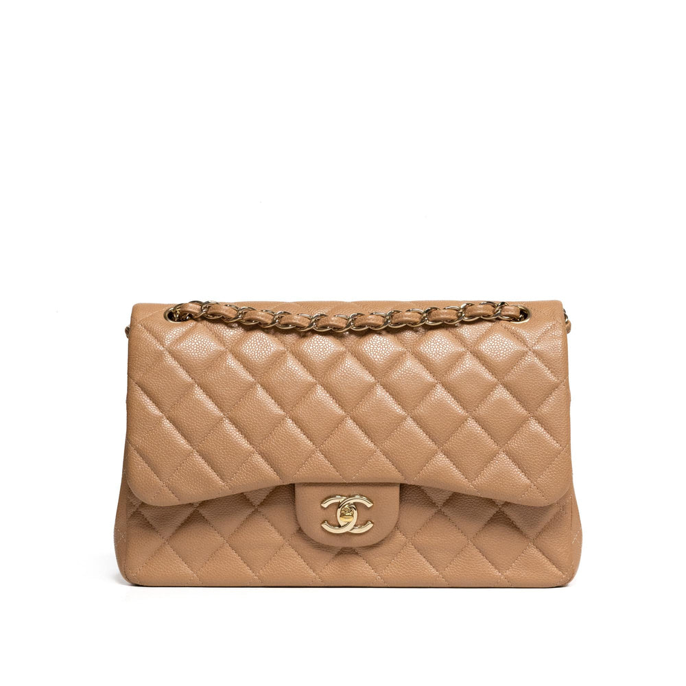CHANEL Beige Classic Jumbo Double Flap Bag with Gold Hardware