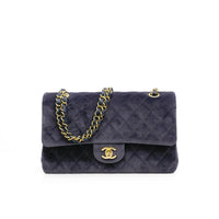 Chanel Blue Suede Classic Medium Double Flap Bag with Gold Hardware
