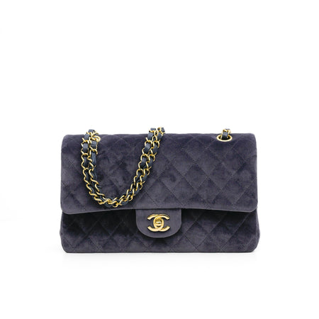 Chanel Blue Suede Classic Medium Double Flap Bag with Gold Hardware