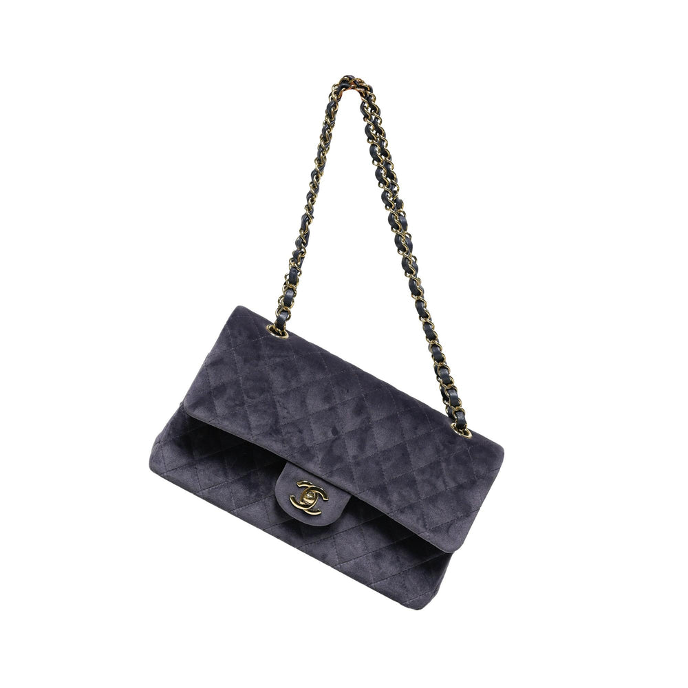 Chanel Blue Suede Classic Medium Double Flap Bag with Gold Hardware