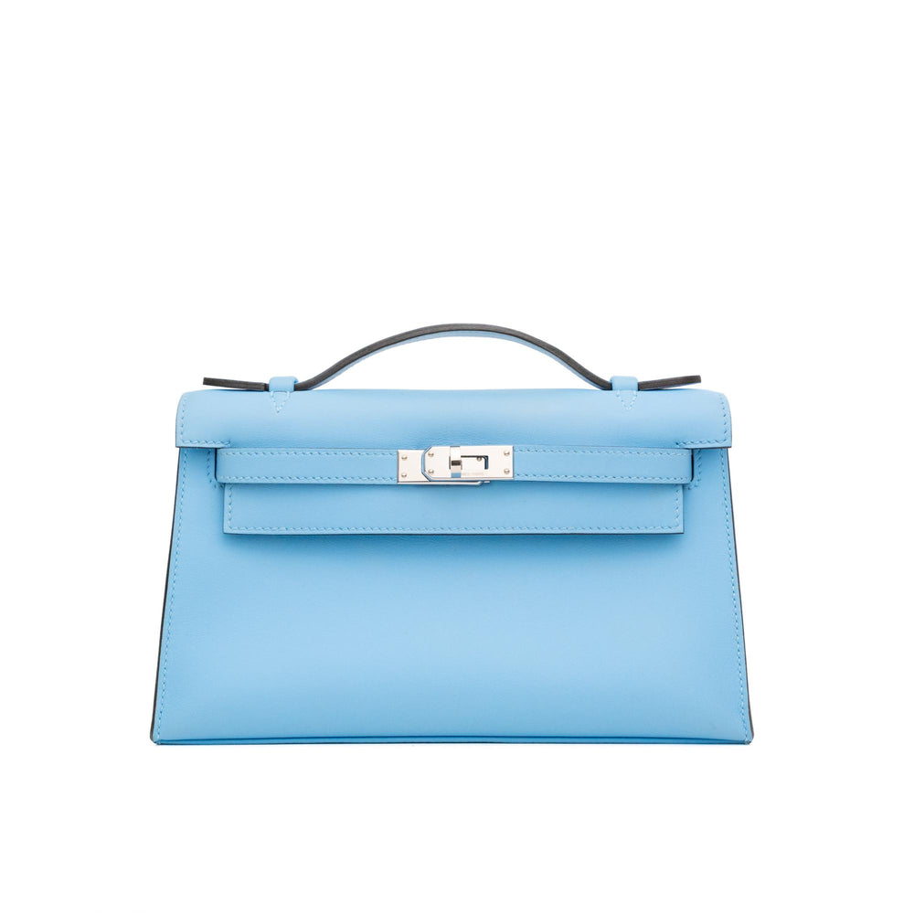 Hermes Kelly Pochette Clutch in Celeste Swift with Palladium Hardware (2025)