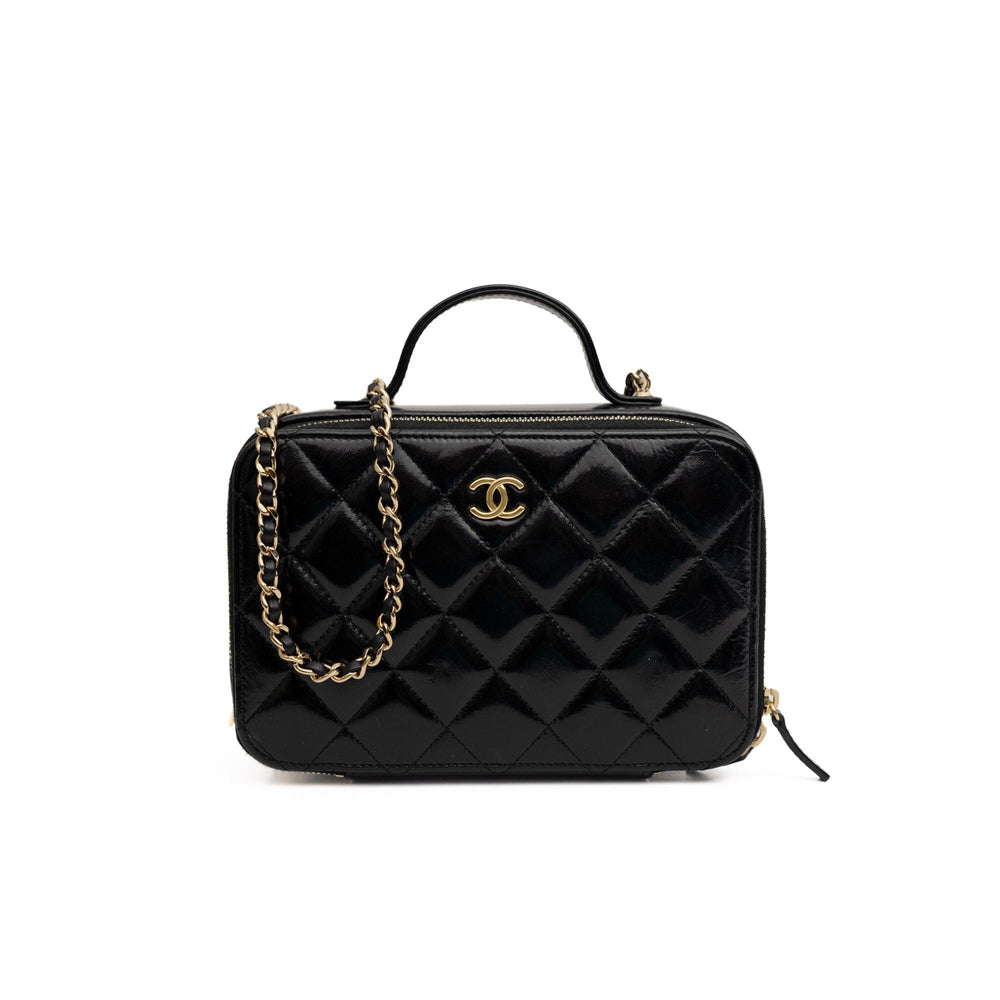 Chanel Black Double Zip Vanity Case Quilted Shiny Lambskin Small