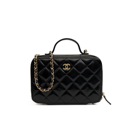 Chanel Black Double Zip Vanity Case Quilted Shiny Lambskin Small