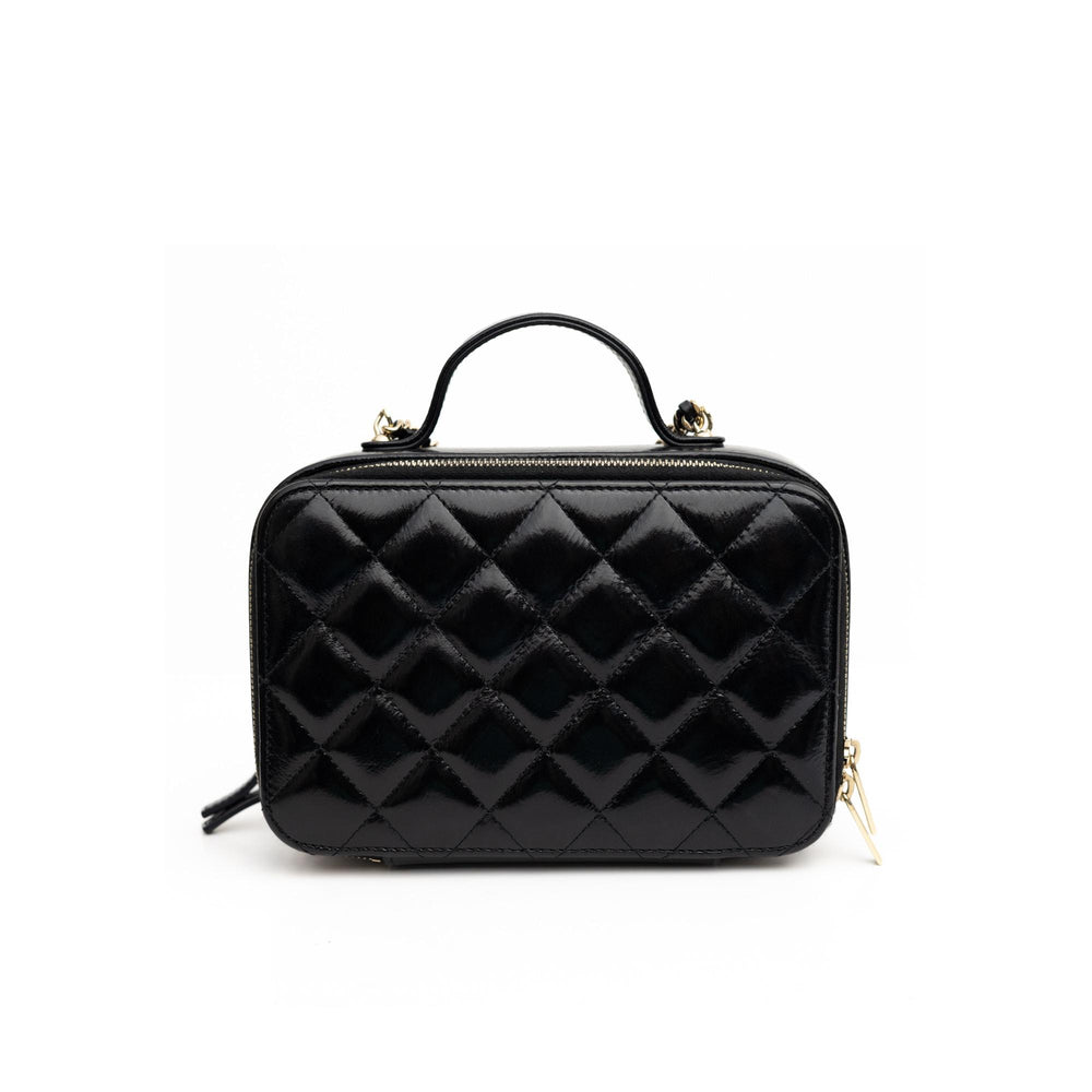 Chanel Black Double Zip Vanity Case Quilted Shiny Lambskin Small