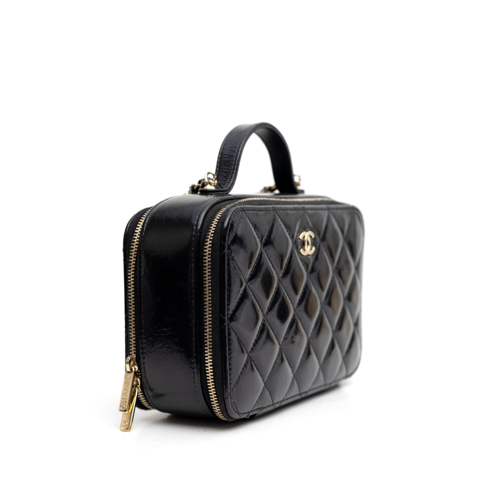 Chanel Black Double Zip Vanity Case Quilted Shiny Lambskin Small