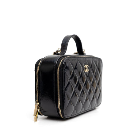 Chanel Black Double Zip Vanity Case Quilted Shiny Lambskin Small