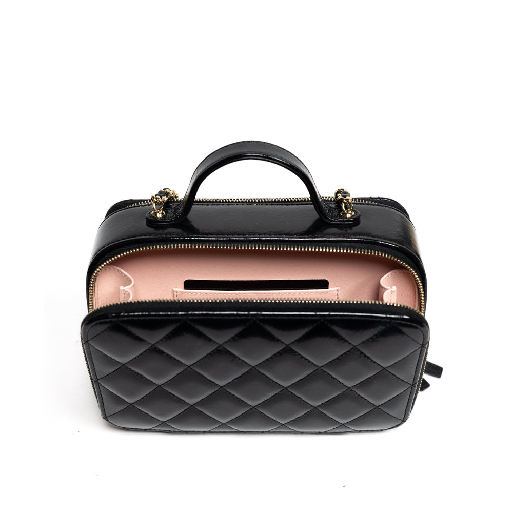 Chanel Black Double Zip Vanity Case Quilted Shiny Lambskin Small