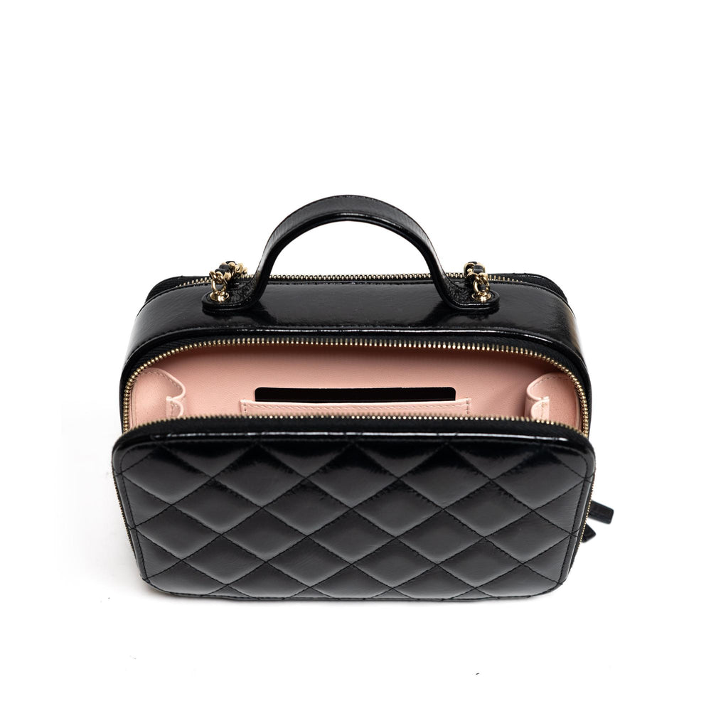 Chanel Black Double Zip Vanity Case Quilted Shiny Lambskin Small