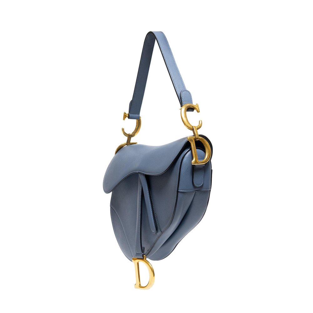 Christian Dior Blue Grey Grained Calfskin Saddle Bag