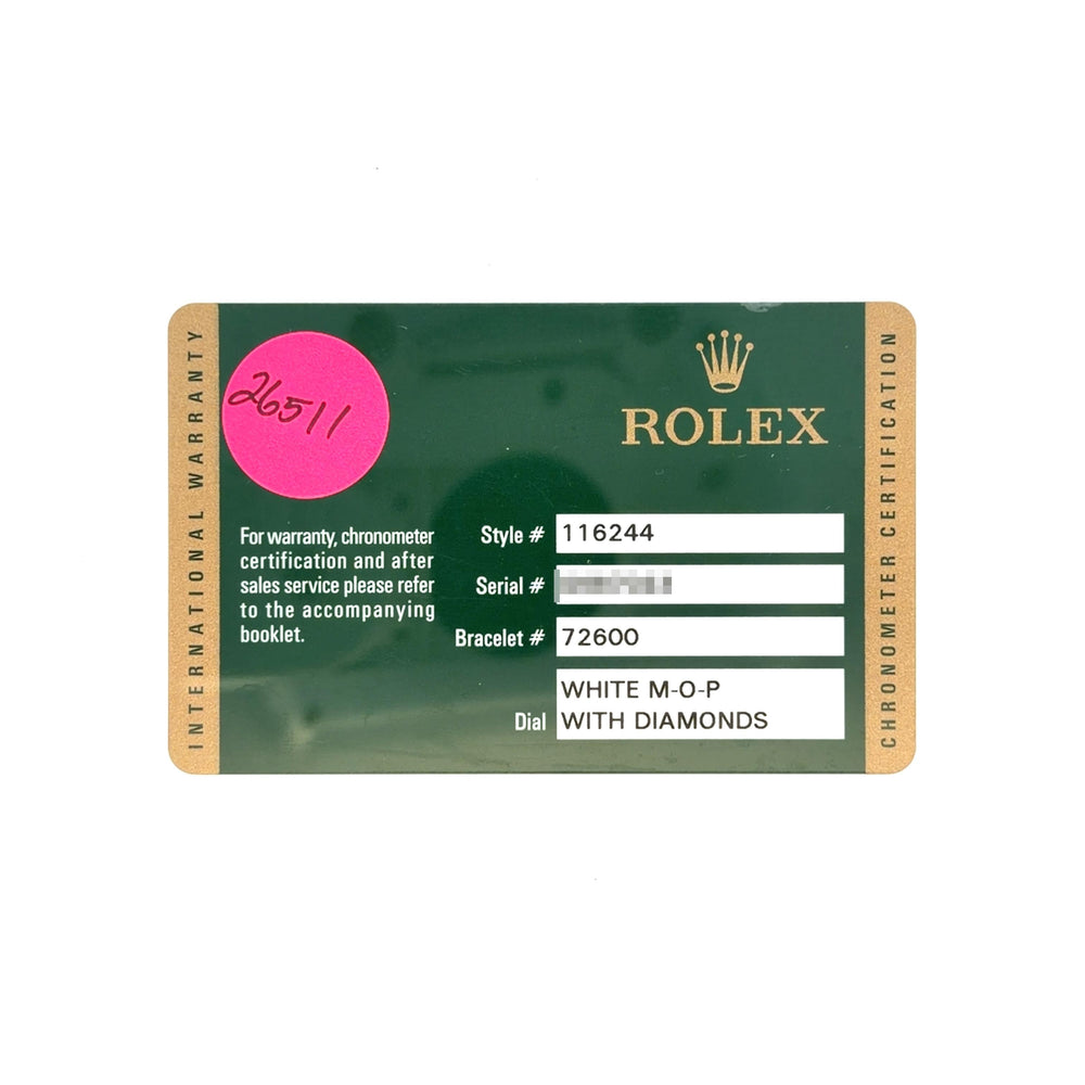 Rolex 36mm Datejust MOP & Diamond Bezel SS 116244 card